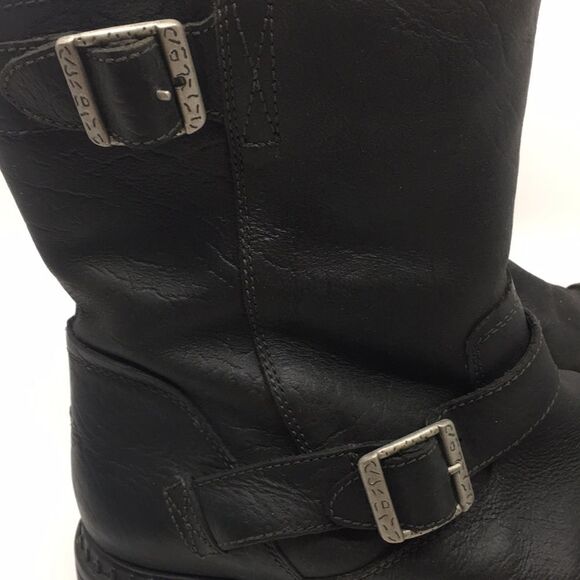 UGG Australia Lancing Black Leather Sherpa Lined Mid Ankle Moto Boots Sz 12 - Picture 3 of 16
